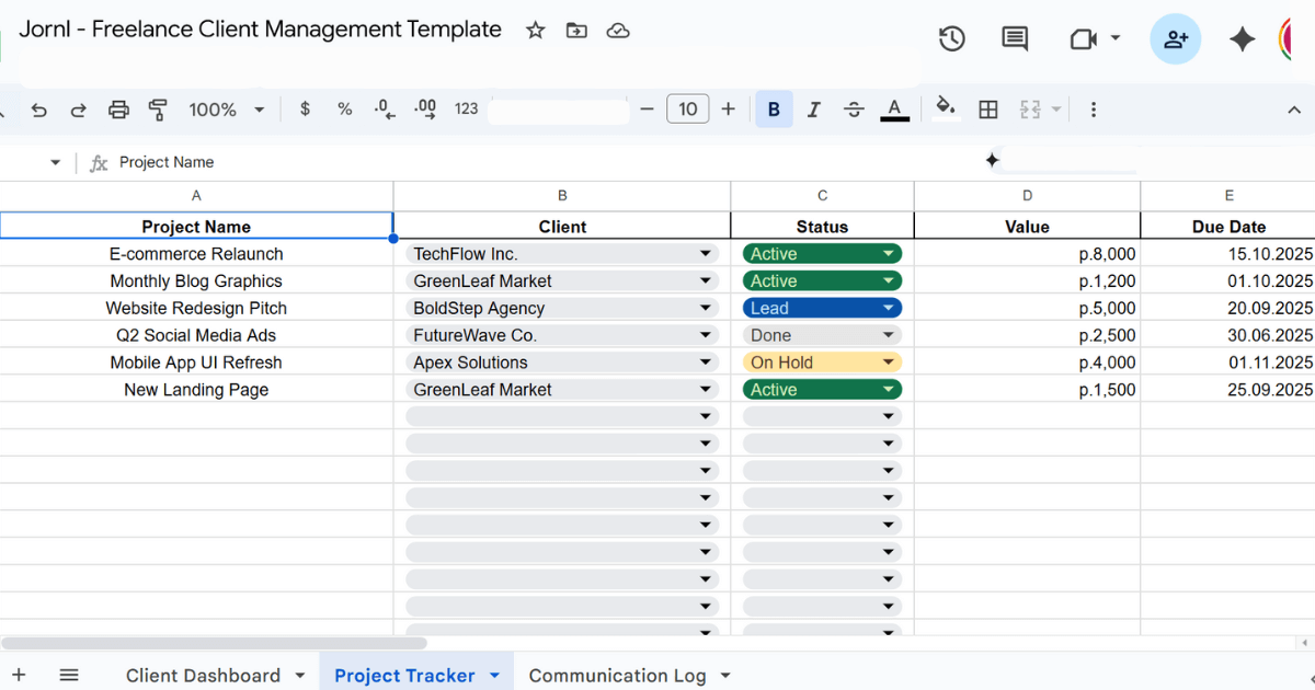 Screenshot of the 'Project Tracker' tab, featuring a dynamic client dropdown and columns for project status and value.