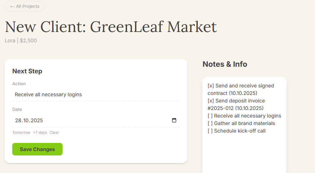 Screenshot showing the client onboarding checklist copied directly into a Jornl project's log for easy tracking and documentation.