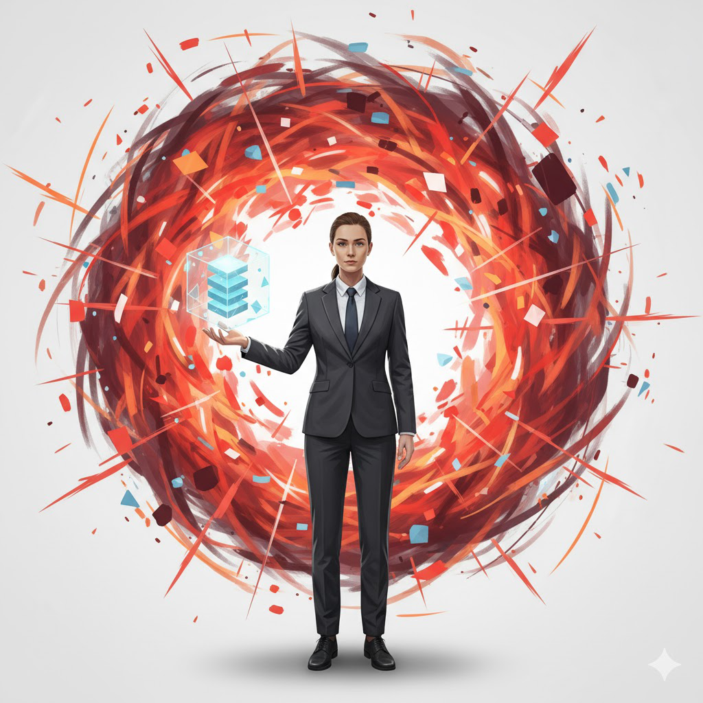 An illustration showing a calm freelancer on one side and documented facts (contracts, notes) on the other, representing the Facts Over Feelings method.