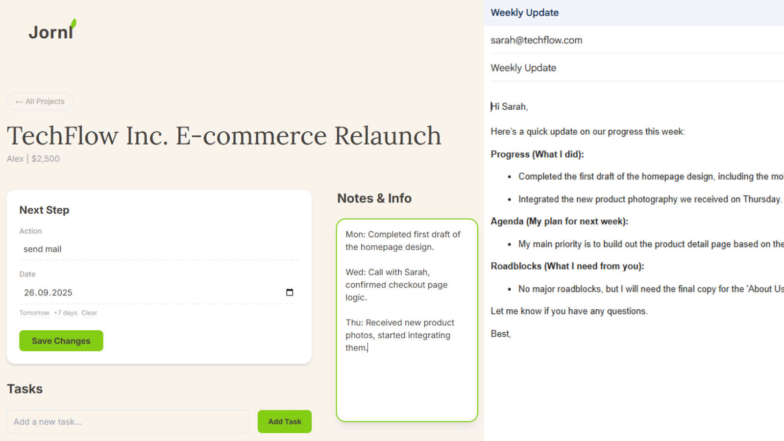 A side-by-side view showing project notes in Jornl being used to write a clear weekly client report email.
